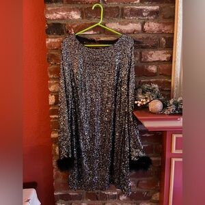 Sparkling Sequin Dress with Feather Cuffs